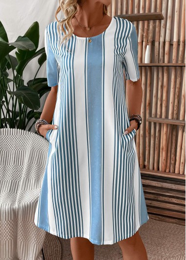 Modlily Light Blue Pocket Striped Short Sleeve Shift Dress - M