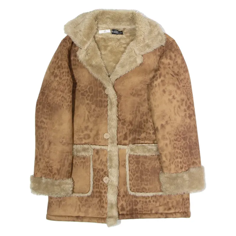 NEW MORRIGAN Faux Fur Afghan Style Womens Overcoat Coat Brown Faux Suede S