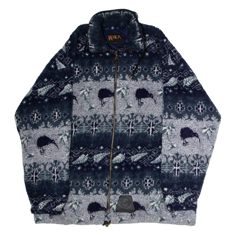 MIKA Kiwi Bird Print Mens Fleece Jacket Grey Fair Isle XL