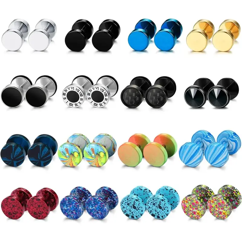 FLORIDECO 16 Pairs Stainless Steel Fake Gauge Earrings for Men Women Stud Earrings Cheater Ear Plug Faux Gauges Earrings Ear ...