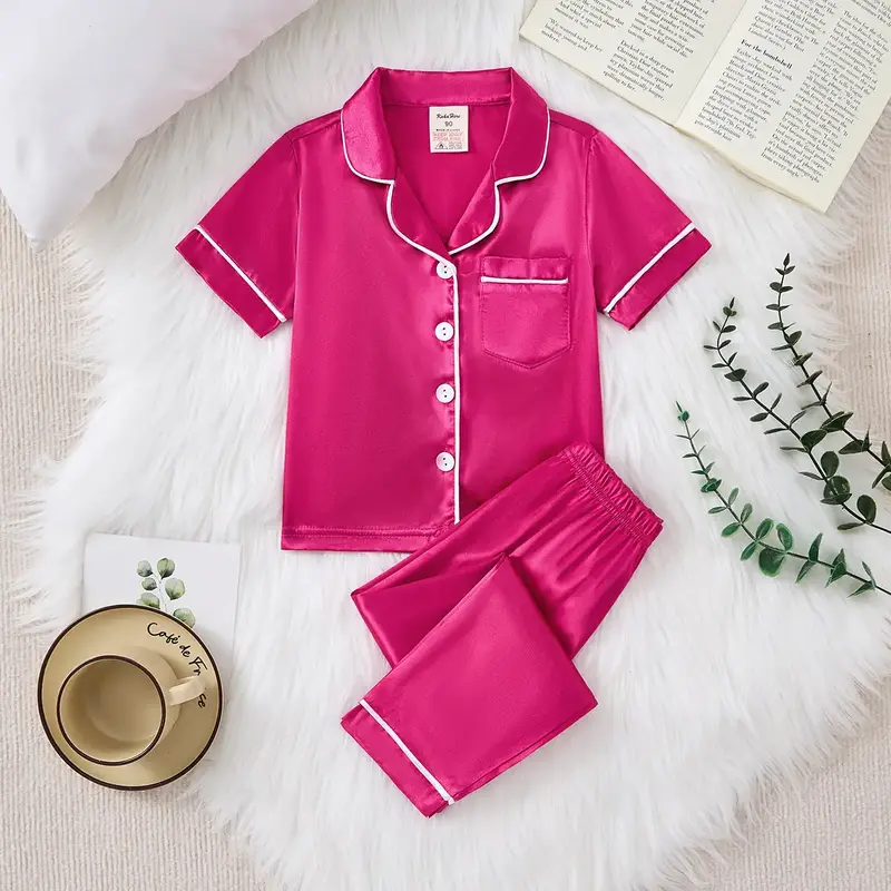Toddler  Kids' Satin Pajamas  - Spring/Summer Short-Sleeve & Long-Pant Style Soft Satin Fabric • Button-Up Design • Suita...
