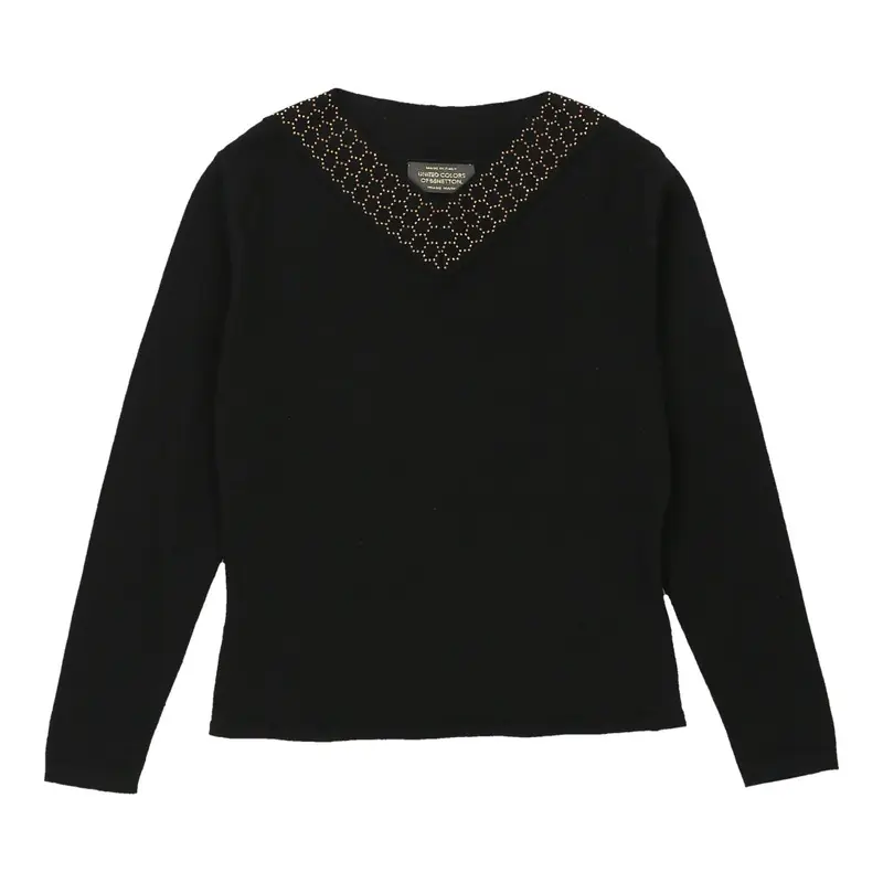Benetton V-neck Jumper - Medium Black Wool Blend | Size: medium