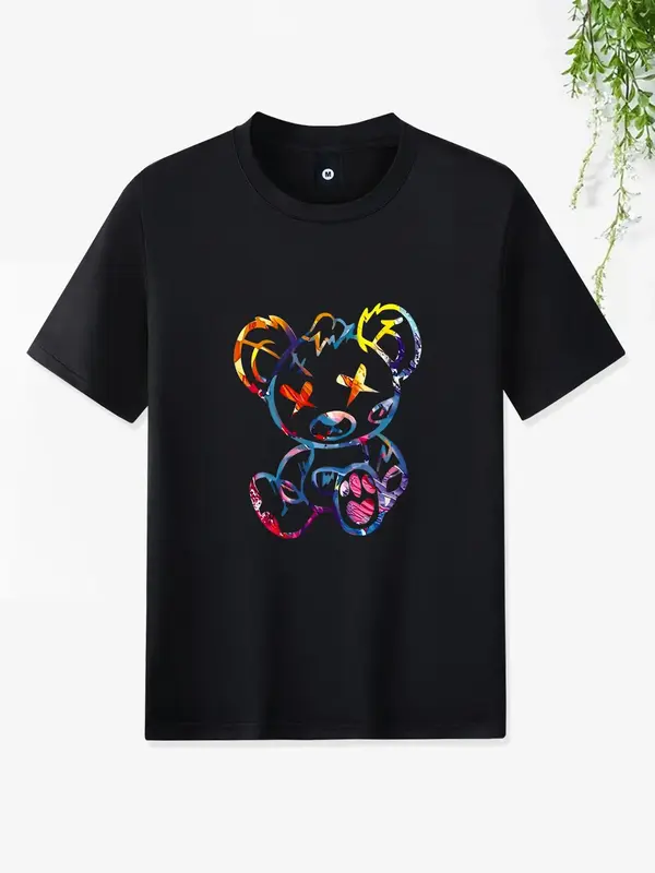 Men's Cartoon Bear Print Round Neck Tee, Summer Clothes, Regular Fit Casual Short Sleeve Crew Neck T-shirt for Summer