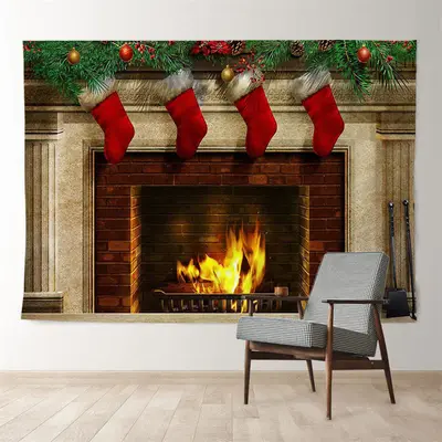 Aperturee Red Stocking Fireplace Family Christmas Backdrop