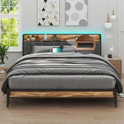LED King Size Bed Frame with Outlets & USB/Type-C Port and Storage Headboard, Metal Platform Bed with Charging Station and fo...