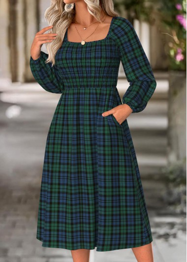 Modlily Green Tummy Coverage Plaid Long Sleeve Square Neck Dress - M