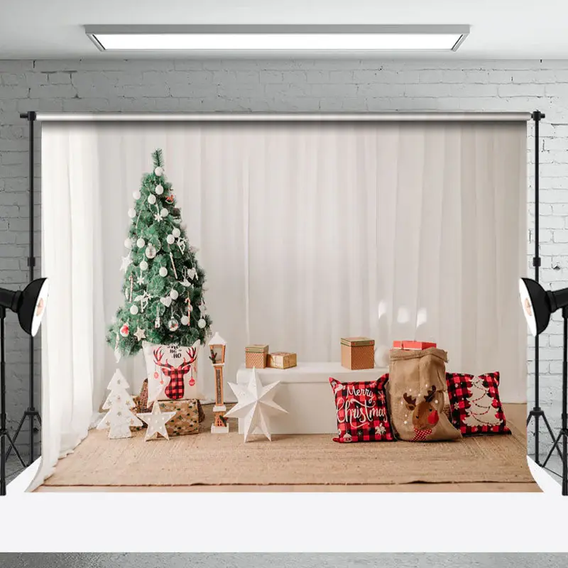 Aperturee White Curtain Trees Tatami Pillow Christmas Backdrop - Aperturee