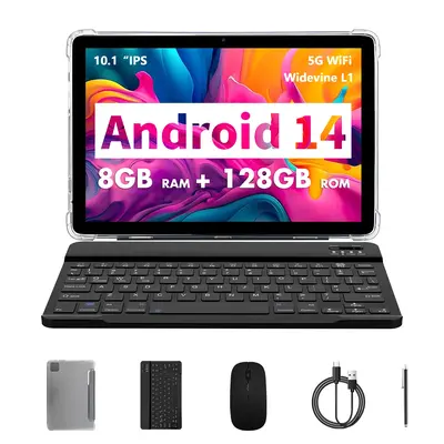 PRITOM 10.1 Inch Android 14 tablet set 128GB ROM, Dual Camera, Speaker with Bluetooth compatible Keyboard & Mouse Set, notebo...