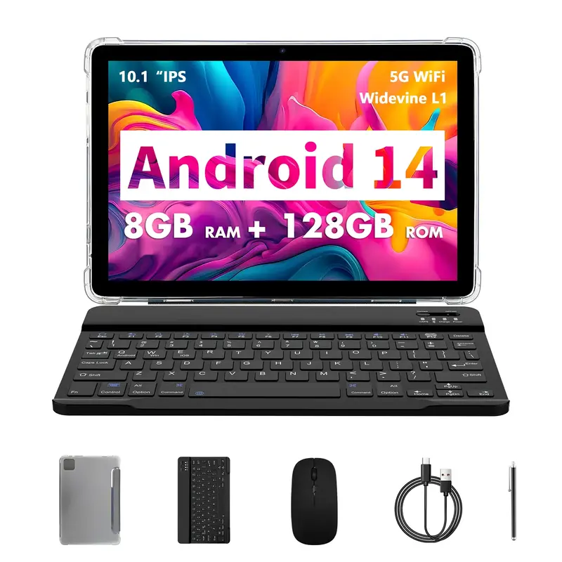 PRITOM 10.1 Inch Android 14 tablet set 128GB ROM, Dual Camera, Speaker with Bluetooth compatible Keyboard & Mouse Set, notebo...