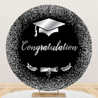 Black Silver Glitter Cap Round Graduation Backdrop - Aperturee