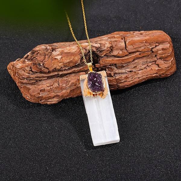 Natural Purple Druzy Agate & Selenite Rectangle Pendant Necklaces