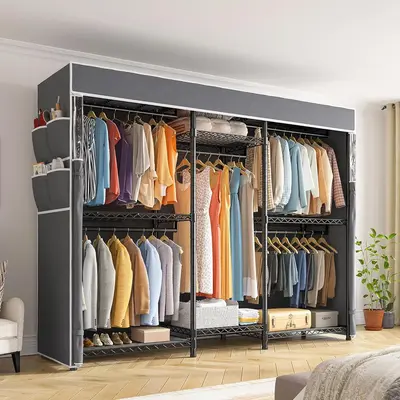 【TikTokShopLaborDaySale】 Raybee Heavy Duty Clothes Rack with Cover Loads 900LBS Portable Closet Wardrobe Racks for Hangin...