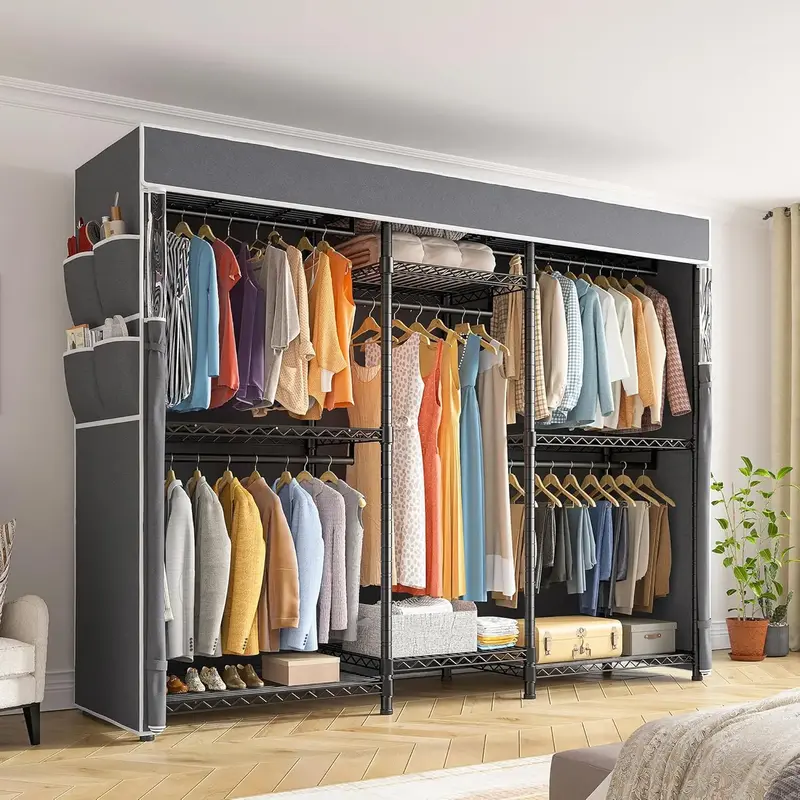 【TikTokShopLaborDaySale】 Raybee Heavy Duty Clothes Rack with Cover Loads 900LBS Portable Closet Wardrobe Racks for Hangin...