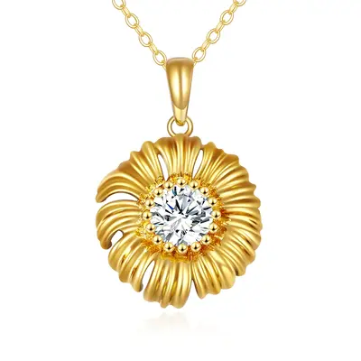 14K Gold Round Cubic Zirconia Daisy Pendant Necklace