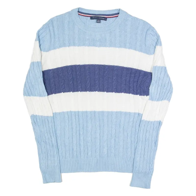TOMMY HILFIGER Mens Patterned Jumper Blue Striped Cable Knit L