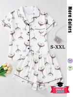 Women's All Over Wine Glass Print Short Sleeve Two-piece Matching Pj Set, Regular Fit Casual Comfy Button Front Chest Pocket ...