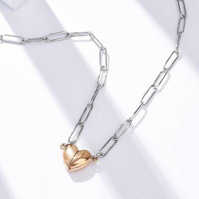304 Stainless Steel Double-Sided Magnetic Heart Pendant Paperclip Chain Necklaces