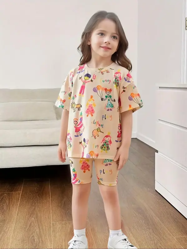 Two-Piece Set Girl's Cartoon Figure Print Tee & Skinny Shorts Set, Casual Round Neck Half Sleeve T-Shirt & Shorts for Summer,...