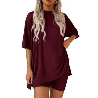 Women's Summer Two-Piece Set 2025 Casual Oversized Crewneck Split Hem Shirts & Side Pocket Biker Shorts Minimalist Lounge Wea...