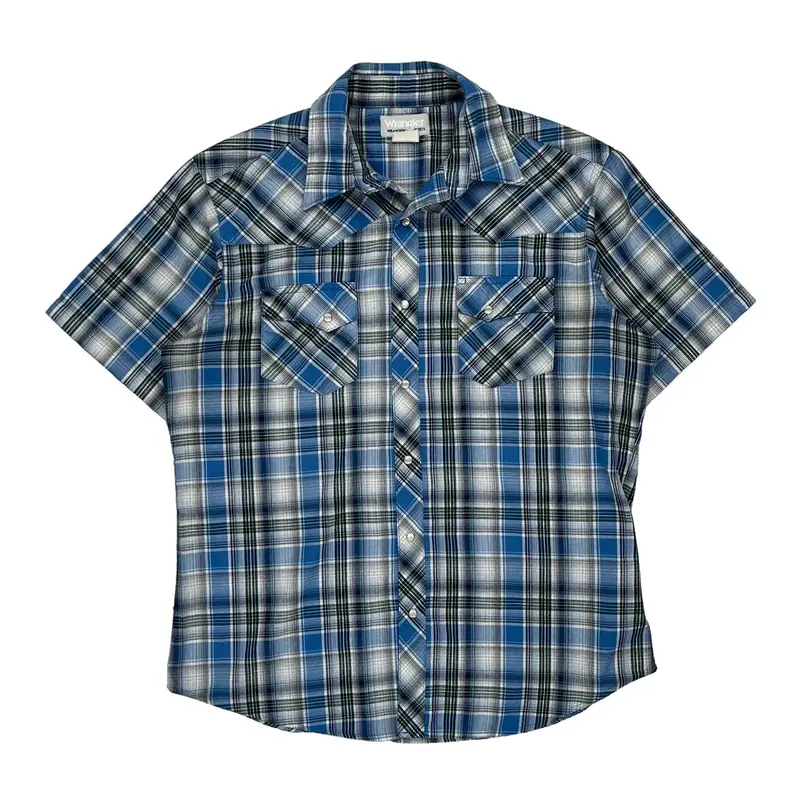 Wrangler Checked Short Sleeve Shirt - Large Blue Cotton
