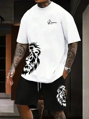 Two-piece Set Men's Summer Clothes, Regular Fit Animal Print Short Sleeve Crew Neck T-Shirt Tee & Drawstring Pocket Shorts ...