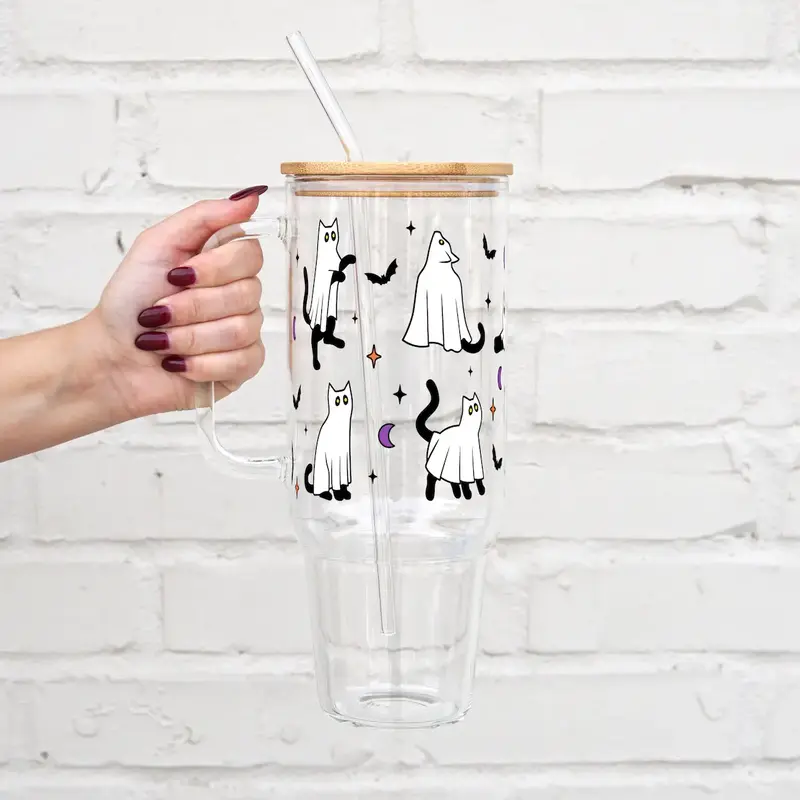 Sip-Sip Hooray! Ghost Cats Halloween Cup – Bamboo Lid & Straw, Aesthetic Drinkware, Reusable Fall Beverage Tumbler, Portabl...