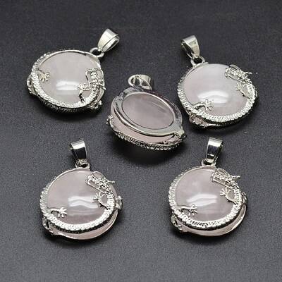 Flat Round with Dragon Platinum Plated Brass Natural Rose Quartz Pendants