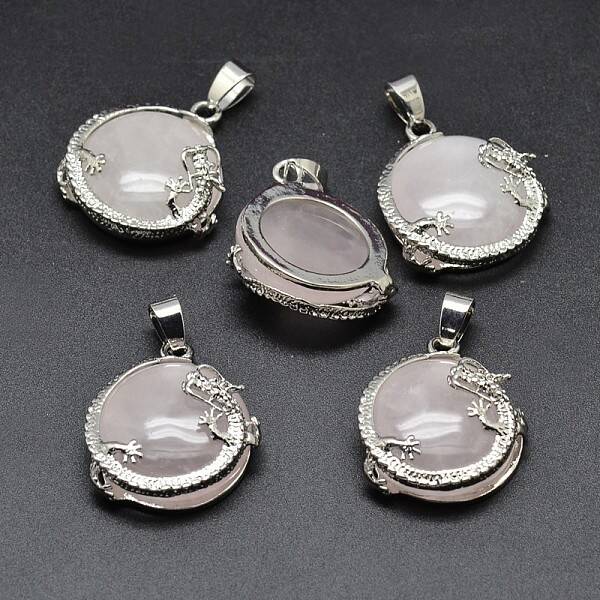 Flat Round with Dragon Platinum Plated Brass Natural Rose Quartz Pendants