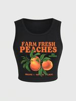 Women's Peach & Letter Print Round Neck Graphic Tank Top, Vintage Trendy Casual Sleeveless Top for Daily Wear, Ladies All Sea...