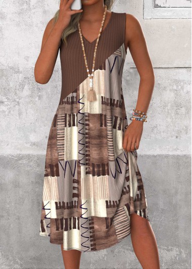 Modlily Gray Brown Patchwork Geometric Print A Line Sleeveless Dress - M