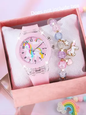 Cute Unicorn Design Watch & Bracelet Set, Fashionable Analog Quartz Watch & Jewelry Set for Girls, Trendy All-match & Exquisi...