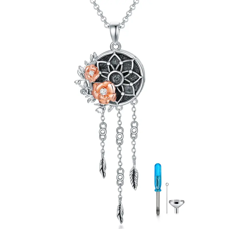 Sterling Silver Two-tone Circular Shaped Cubic Zirconia Rose & Dream Catcher Urn Necklace for Ashes