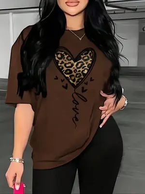 Women's Heart & Leopard Print Drop Shoulder Tee, Summer Graphic Tees Women, Casual Half Sleeve Round Neck Top for Daily Wear,...