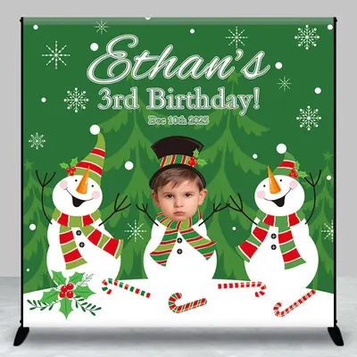 Aperturee Green Tree Snowman Custom Name 3rd Birthday Backdrop - Aperturee