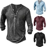 Runcati Mens Distressed Henley Shirts Long Sleeve Button T-Shirt Slim Fit Cotton Casual Shirt Casual Button Down Washed T-Shi...
