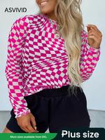 【Plus Size】 Plaid Print Round Neck Tee, Casual Longsleeves Crew Neck Top for Summer, Women's Plus Clothing for Daily Wear...