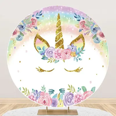 Round White Rainbow Floral Unicorn Birthday Backdrop - Aperturee