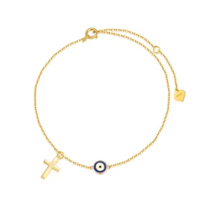 14K Gold Cross & Evil Eye Single Layer Charm Anklet
