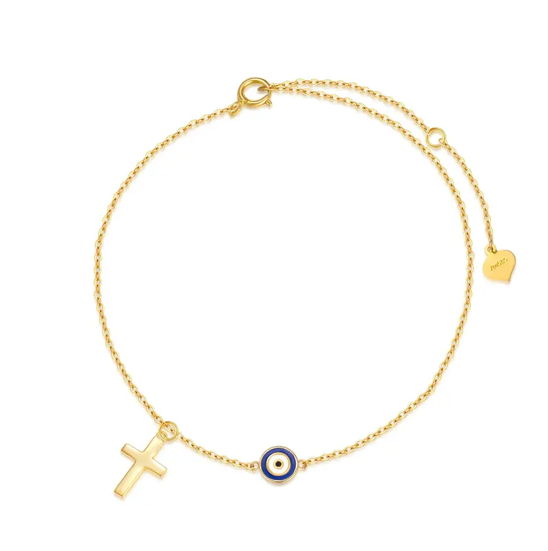 14K Gold Cross & Evil Eye Single Layer Charm Anklet