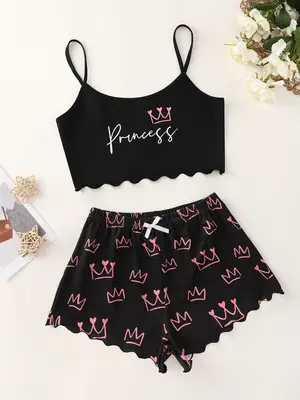 Women's Simple Letter Print Sleeveless Camisole & Stars Print Bow Pj Shorts Loungewear Set, Comfortable Lettuce Trim Spaghett...