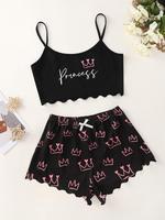 Women's Simple Letter Print Sleeveless Camisole & Stars Print Bow Pj Shorts Loungewear Set, Comfortable Lettuce Trim Spaghett...