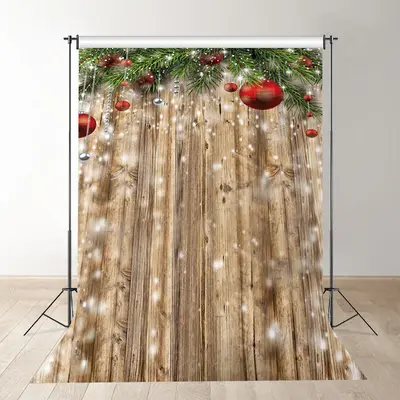 Aperturee Red Bauble Leaves Wooden Christmas Decor Backdrop