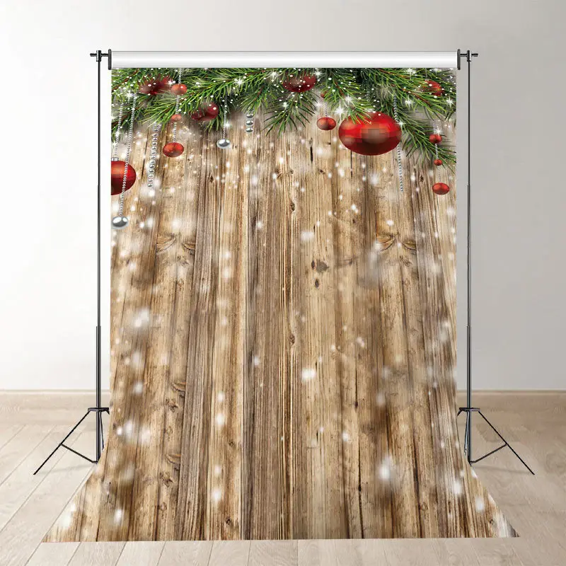 Aperturee Red Bauble Leaves Wooden Christmas Decor Backdrop