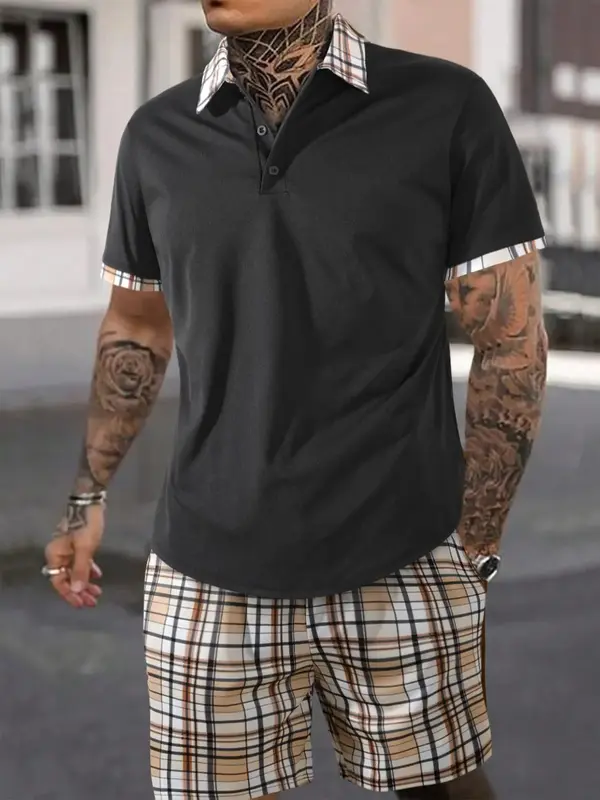 2 Piece Set Men's Plaid Print Short Sleeve Polo Shirt & Drawstring Pocket Shorts Set, Regular Fit Button Front Collared Top &...
