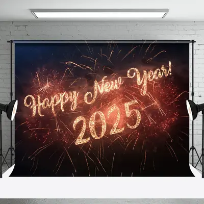 Aperturee Simple Orange Sparks Happy New Year 2025 Backdrop - Aperturee