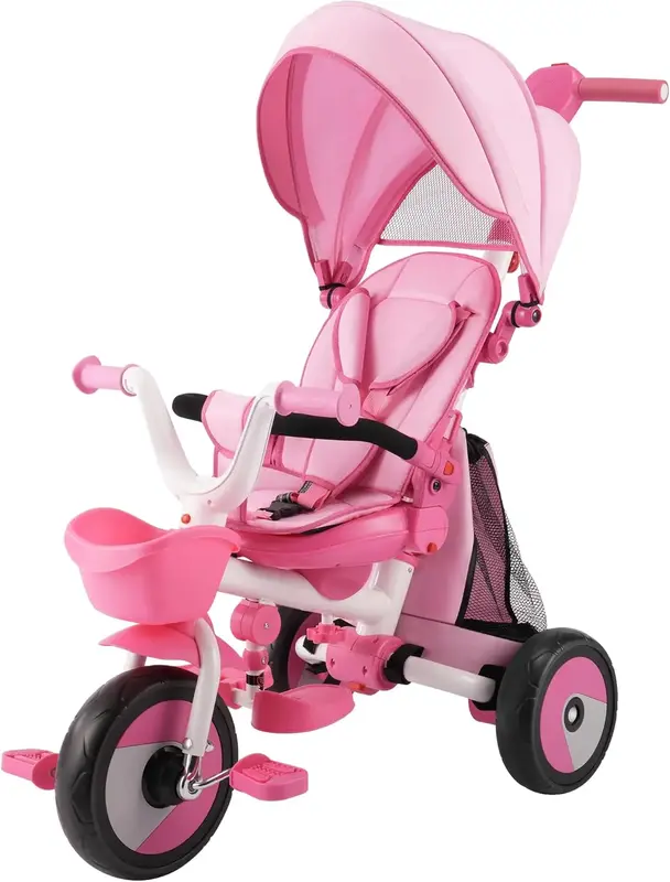 Baby Tricycle, 4-in-1 Folding Toddler Tricycle with Adjustable Parent Handle, Removable Canopy, Rotatable Seat, Safety Harnes...