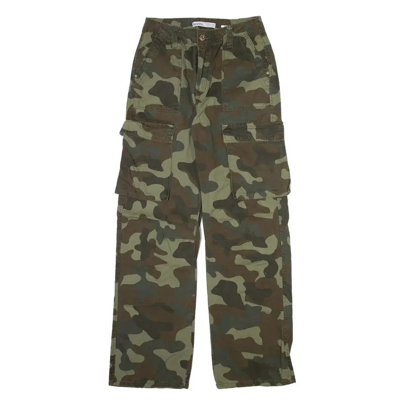 BERSHKA Camo Cargo Womens Trousers Green Relaxed Straight W26 L30