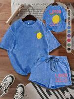 Two-piece Set Women's Lemon Print Short Sleeve Tee & Shorts, Casual Round Neck T-shirt & Shorts, Summer Clothes for Daily Wea...
