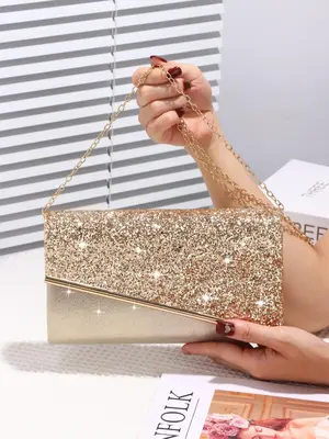 Women's Elegant Glitter Evening Bag, Exquisite Trendy Chain Strap Clutch Bag, Fashionable Bag for Party Decoration