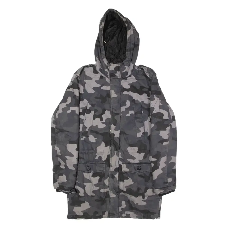 CLOCKHOUSE Mens Parka Coat Black Hooded Camouflage S
